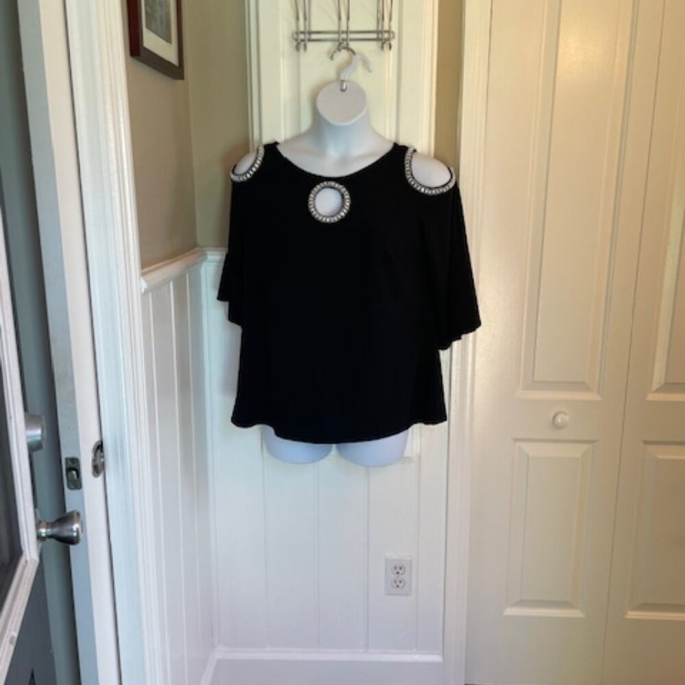 MSK Cold Shoulder Black Cocktail Top with Rhinestones XL